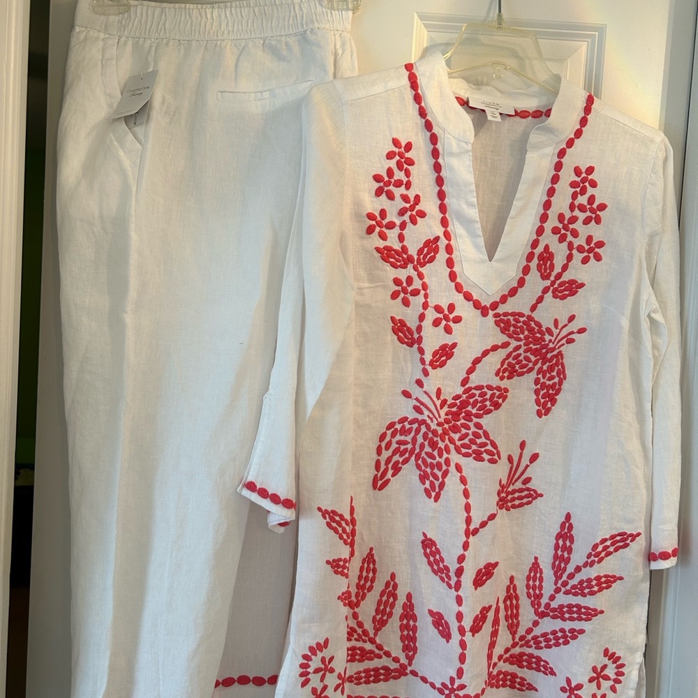 BRAND NEW!! Charter Club White LINEN Top with Pink Embroidery AND LINEN PANTS